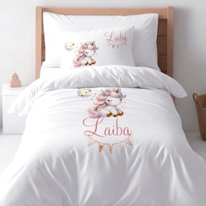 Personalised Unicorn design duvet cover set, pony print pillow case, unique girls bedding, bespoke kids bedroom item,
