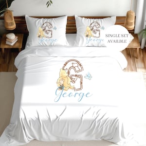 Personalised unique classic Pooh bear kids single double duvet cover set, bespoke letter design pillow case, toddler bedroom item,