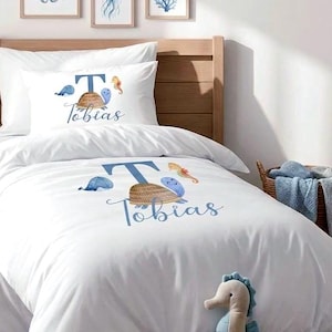 Juego de funda nórdica personalizada con motivos marinos, ropa de cama con temática oceánica, funda nórdica individual para niño.