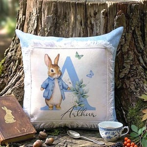 Personalised Classic Rabbit Style Pillow. Custom Name Cushion for Boys, Monogrammed Nursery Shower Gift