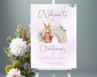 Pink Bunny Christening A3 Welcome Sign, guestbook sign, bunny name day backdrop,  Eucalyptus Christening/Baptism Welcome Sign