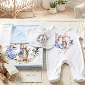 Personalised Blue Rabbit Baby Blanket, Watercolour Floral Wreath Nursery Throw, Keepsake new-born Gift