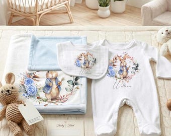 Personalisierte blaue Kaninchen-Baby-Decke, Aquarell-Blumenkranz-Kinderzimmer-Überwurf, Andenken neugeborenes Geschenk