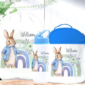 Ensemble de bouteilles d'eau cartable personnalisé, sac LUNCH pour enfants imprimé lapin, sac à dos d'école imprimé lapin bleu, sac en PE résistant à l'eau