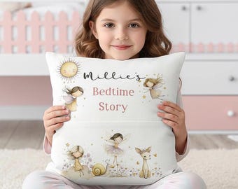 Personalised Golden Fairy Nursery Cushion, Custom Name Whimsical Girl Room Pillow Decor