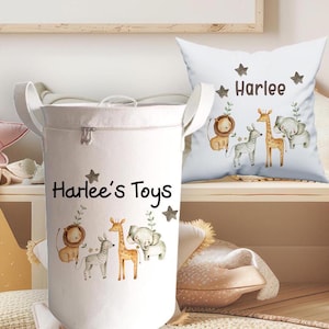 Personalisierter Safari Filz GROSSER Spielzeugkorb mit Deckel, Kinder große Aufbewahrungstasche, Dschungel-Design Kinderzimmer-Organizer, Spielzeugkorb für Babys,