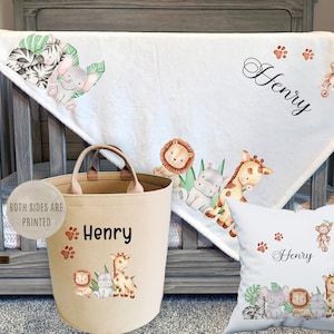 Personalisierte Safari Babydecke Set, Dschungel Print Kindergarten Kissen Geschenk, Spielzeugkorb, Baby Named Artikel, Weihnachtsgeschenk, Baby-Dusche-Geschenk