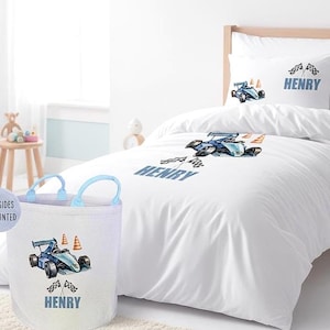 Personalised Racing Car Duvet Cover Set, Custom Name Formula Blue Bedding, Matching Toy Basket