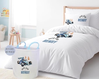 Personalised Racing Car Duvet Cover Set, Custom Name Formula Blue Bedding, Matching Toy Basket