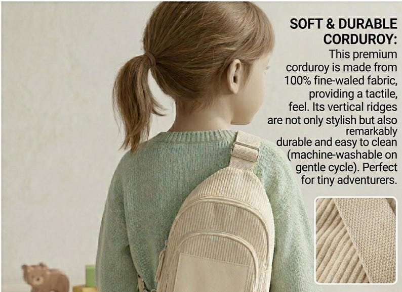 Puede incluir: Una bandolera de pana beige claro con un bolsillo frontal y una correa ajustable. La bolsa la lleva un ni&ntilde;o que lleva un su&eacute;ter verde claro. El texto de la imagen dice "SOFT & DURABLE CORDUROY".