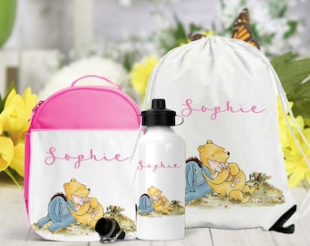 Set di bottiglie d'acqua con borsa per il pranzo dell'orso Pooh, BORSA in PE per il ritorno a scuola con bottiglia, borsa da scuola per ragazza personalizzata