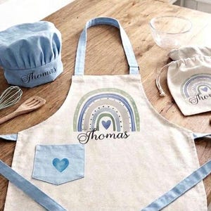 Personalisierte Kinder Leinen Schürze Set Koch Hut Tasche Regenbogen Backen Geschenk Kleinkind Kochen Outfit