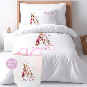 Personalised kids bunny print quality duvet cover set, bespoke kids pillow case, unique bedding item, bedroom accessories, toy bag