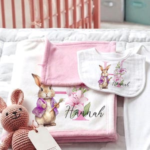 Personalised Pink Bunny Floral Initial Baby Blanket, Nursery Throw, Woodland Rabbit Shower Present