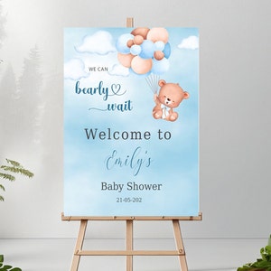 PERSONALISED baby shower blue welcome Sign, bear balloon theme backdrop, banner, poster,