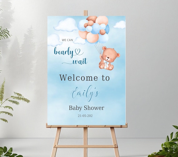 Personalised Baby Shower Blue Welcome Sign, Bear Balloon Theme