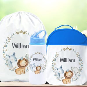 Lot de bouteilles d'eau de sac à lunch d'école de safari personnalisé, boîte à lunch de retour à l'école d'animaux de la jungle avec bouteille, sac d'école en PE pour garçons