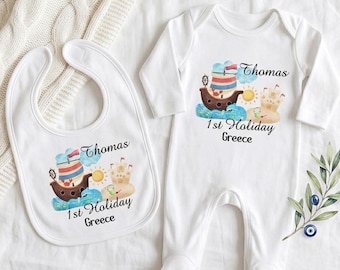 Personalised 1st Holiday  Baby Gift Set Custom Romper and Bib Set My First Trip