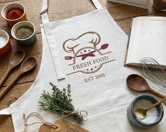 Personalised Logo Linen Chef Apron, Custom Business Branded Pinafore, Professional Kitchen Uniform