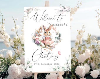 Personalised Pink bunny  Christening Welcome A3 Sign with Guestbook,  Eucalyptus Baptism banner