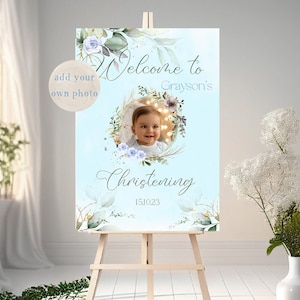 Photo personalised Christening Welcome Sign, blue theme baptism name day sign, communion banner Sign
