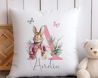 Personalised pink Rabbit print cushion, bunny design pillowcase, kids bedroom item, girl letter design Cushion cover, Christmas gift