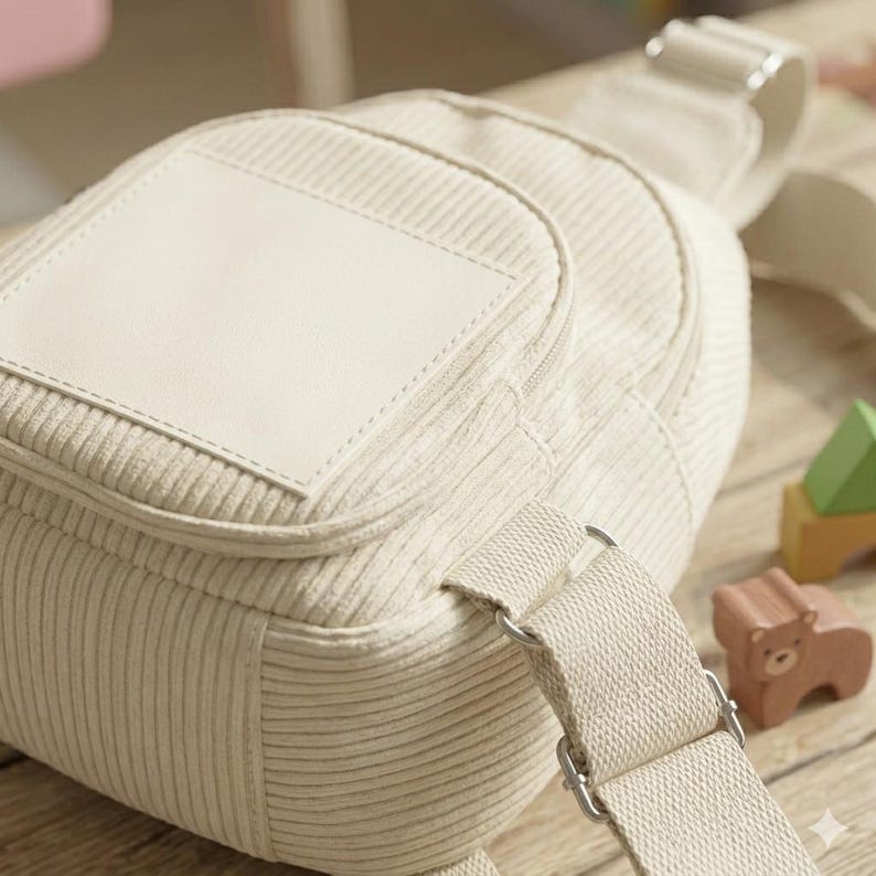 Puede incluir: Bandolera de pana color crema con un parche rectangular en la parte delantera. La bolsa tiene un compartimento con cremallera y una correa ajustable con herrajes plateados. La bolsa est&aacute; sobre una superficie de madera.