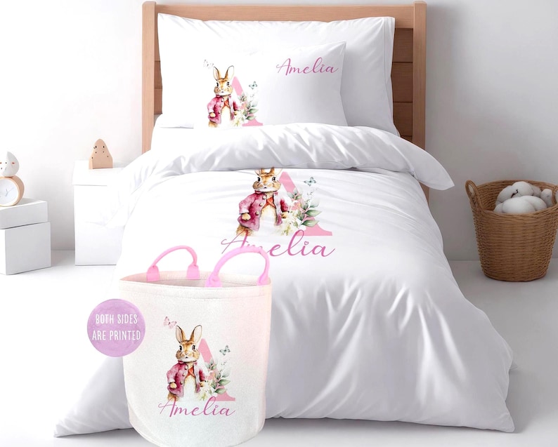 Personalized Bunny girl Duvet Cover Set, Custom Name pink initial Kids Bedding image 7