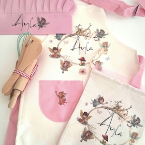 Personalised Kids linen style  apron chef hat, fairy print  set, kitchen  pinny, wooden set, birthday gift, cooking costume, baking pinafore