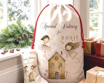 Personalised Christmas Santa Sack, Custom Fairy Santa Stocking Set, Golden festive bag, Keepsake Linen Present wrap