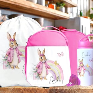 Sac à lunch personnalisé, bouteille d'eau, lapin rose pour la rentrée des classes avec bouteille, cartable pour fille LAPIN DESIGN