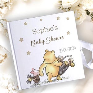 Gepersonaliseerde babyshower satijnen touch-gastenboek, planner met harde kaft, kwaliteitsalbumboek, Poeh-beer, gender reveal cadeau,
