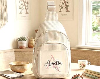 Bolso bandolera infantil de pana personalizado, bolso bandolera para bebé con inicial floral bordada, azul o rosa.