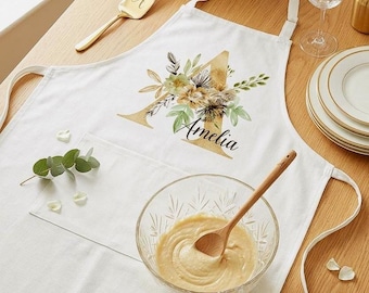 Gepersonaliseerde bloemen schort, linnen cadeau aangepaste naam, cadeau vrijgezellenfeest, botanische bakschort