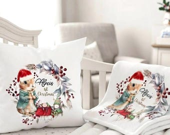 Personalized Rabbit 1st Christmas Pillow and Blanket Set, Holiday Nursery Decor, Custom Infant Keepsake gift Bedding