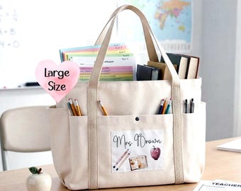 Personalised Teacher Tote Bag, Custom Canvas Appreciation Gift purse, End of Year Large Utility organiser with Pockets
