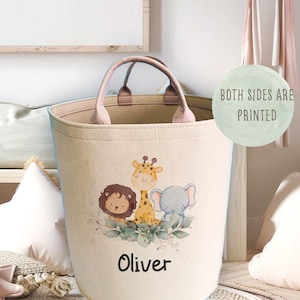 Personalised jungle print LARGE BEIGE TOY basket, unique Kids storage tub, bespoke nursery room item, boxes bins for baby item, toys bin,