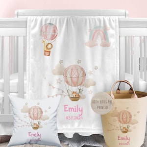 Personalisierte Baby Tröster Kissen Set, Safari Heißluftballon Thema Schal, Fleece Decke, Baby-Dusche-Geschenk-Set, Weihnachtsgeschenk