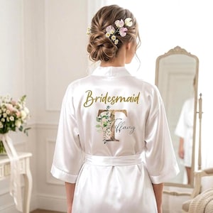 Personalised Bridesmaid Robe with Name & Initial , Gold Botanical Wedding , Custom Satin Bridal Party Gift