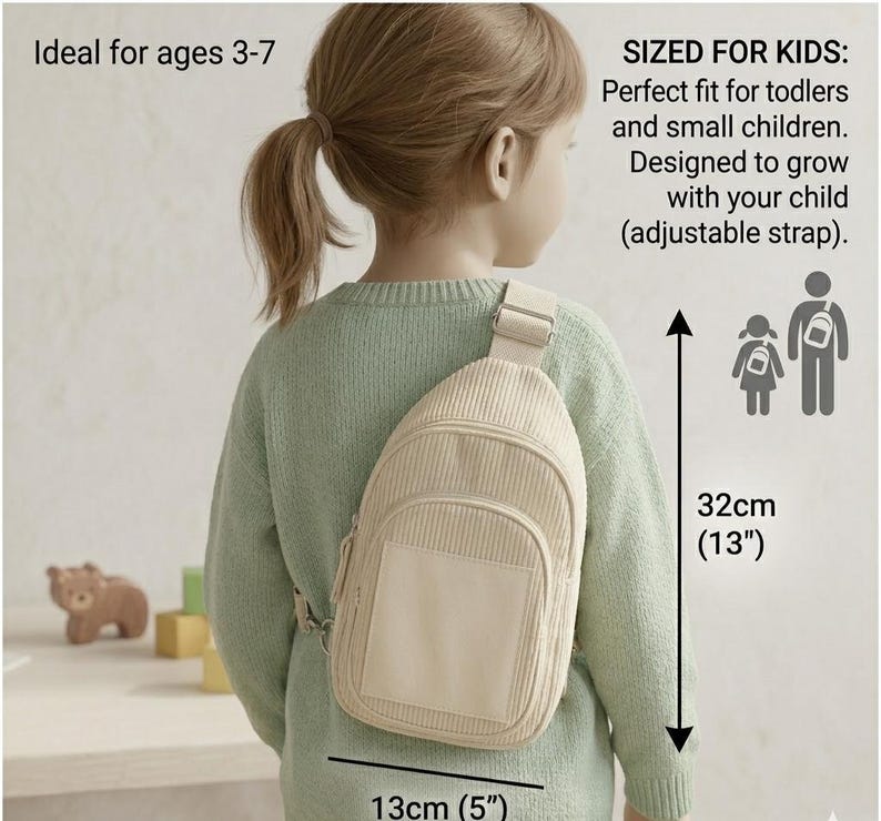 Puede incluir: Un bolso bandolera de pana beige, de 13 cm de ancho y 32 cm de alto, usado por un ni&ntilde;o. El bolso tiene un bolsillo frontal y una correa ajustable. La imagen incluye el texto "SIZED FOR KIDS" y "Ideal for ages 3-7".