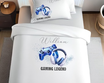 Personalised Gaming console print white duvet cover set, gamers pillow case, toddler bedding, bedroom item,