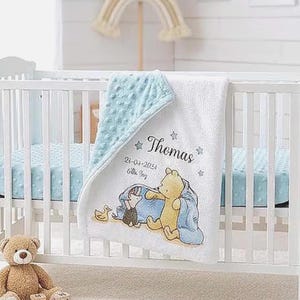 Personalised Pooh Bear Birth Announcement Blanket,romper nappy cuddy, Watercolour Nursery Throw gift set