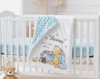 Personalised Pooh Bear Birth Announcement Blanket,romper nappy cuddy, Watercolour Nursery Throw gift set