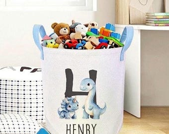 Personalised Dinosaur Toy Basket, T-Rex Nursery 50L Storage, Boys Room Decor, Felt Hamper set