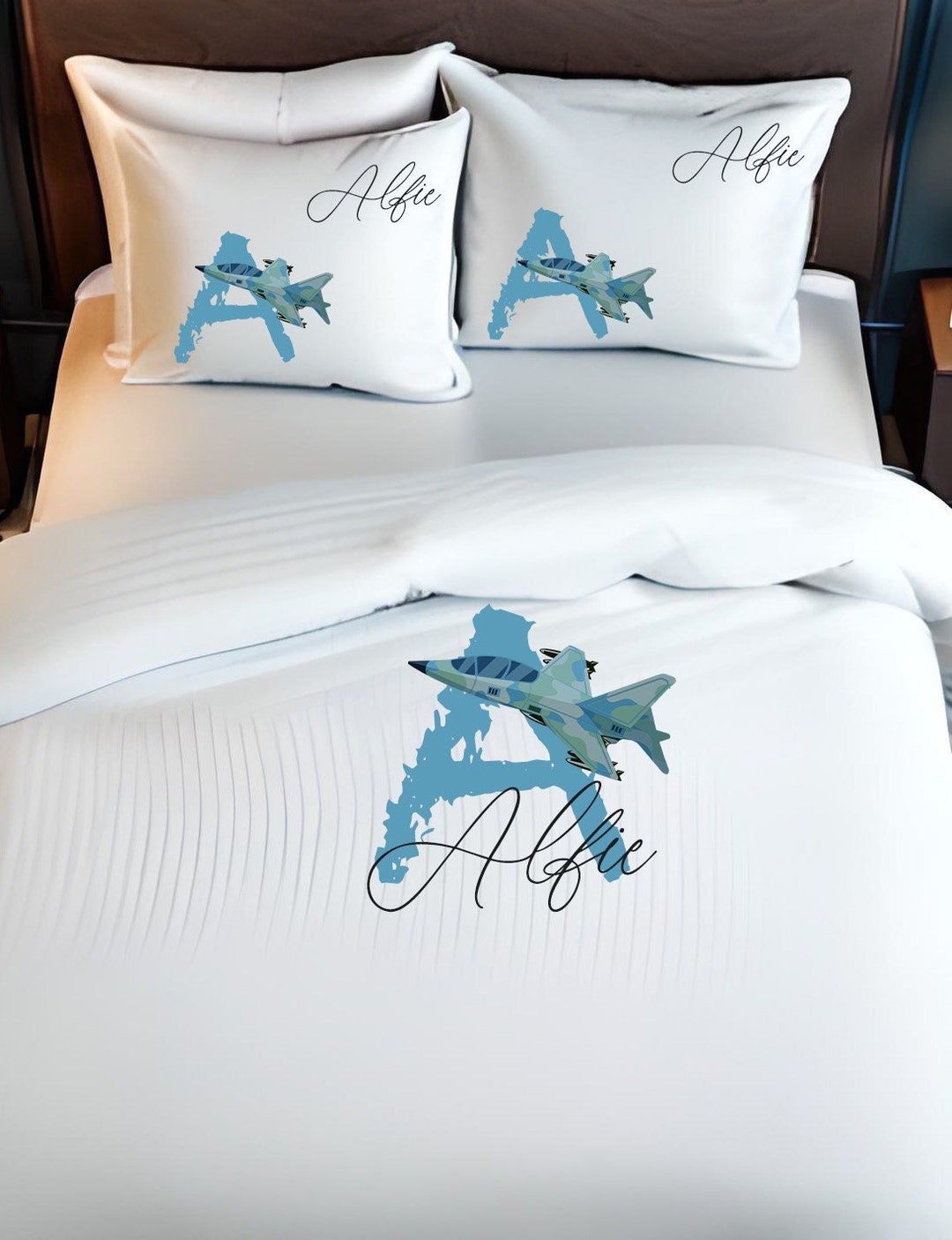 Personalised Fighter Jet Print White Duvet Cover Set Airplane Etsy