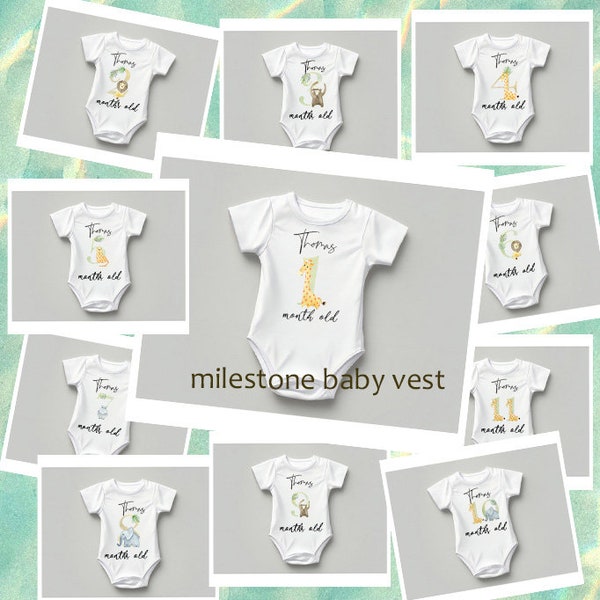 Personalised Baby milestone body grow , months safari print vest ,toddler clothes, photo clothing, jungle print number design bodysuit