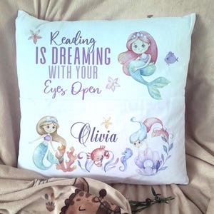 Personalised Mermaid print pocket pillow, kids book holder cushion, bespoke kids bedroom pillow cover, Christmas gift