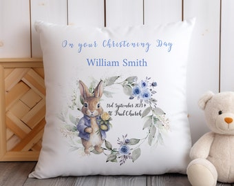 Christening quality Cushion, Blue Rabbit Pillow gift set, bunny design soft  Cushion Cover,, Nursery  Baptism Gift