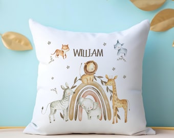 Safari Animals Rainbow Nursery Cushion: Personalised Jungle neutral Pillow Cover