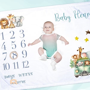 Safari milestone blanket with markers, t, white fleece baby blanket, boy baby shower gift, baby age keepsake gift,